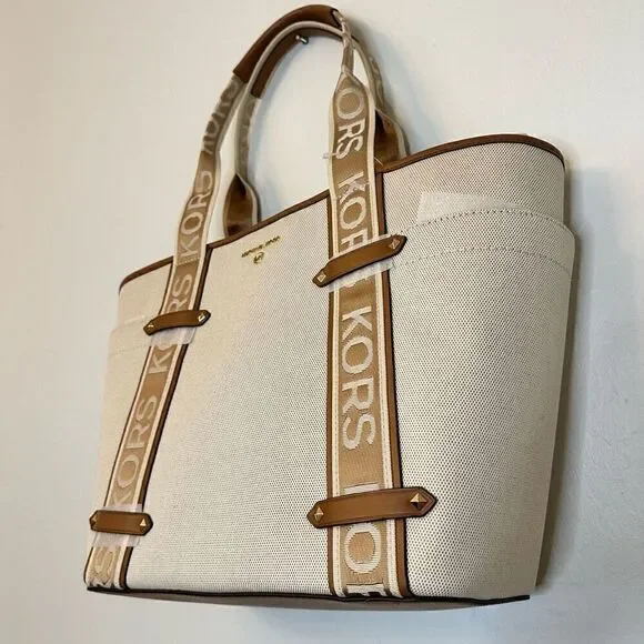 RARE NWT Michael Kors Maeve Large Open Tote Canvas Double Handles Handbag Cream - Picture 8 of 10